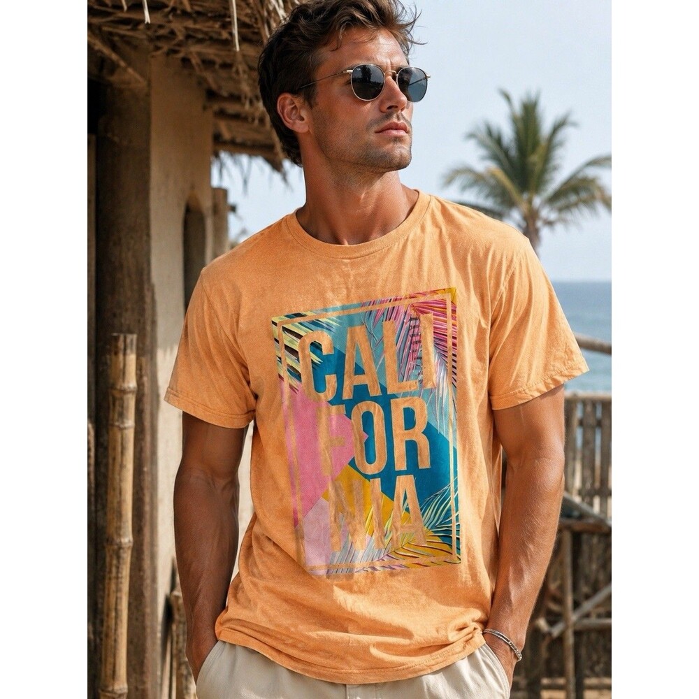 California Graphic Tee Mens Large Peach Tropical Palm Beach‎ Vacation Shirt